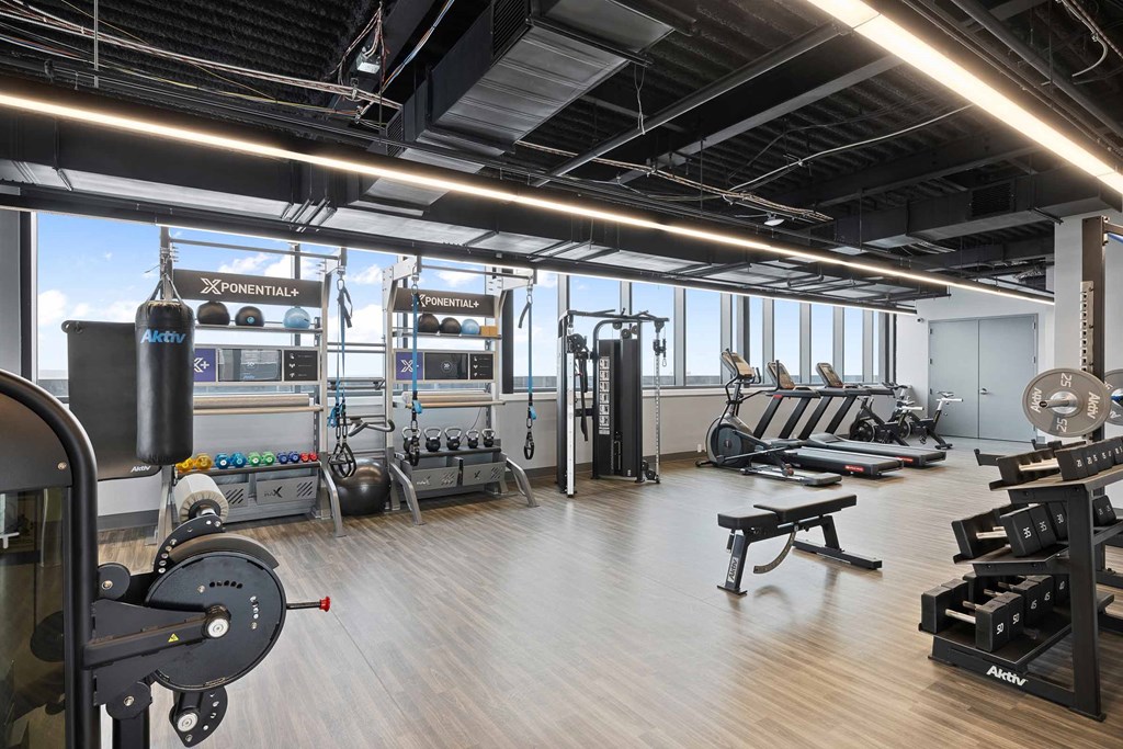 A gym with a variety of equipment including treadmills, weights, and exercise machines.