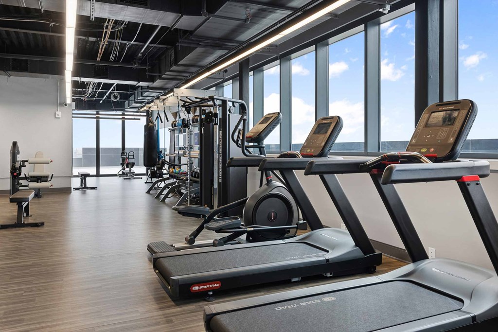 A gym with treadmills and other exercise equipment.