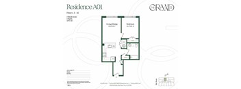 A floor plan for a residence with 1 bedroom and 1 bath.