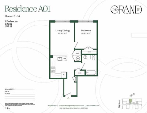 A floor plan for a residence with 1 bedroom and 1 bath.