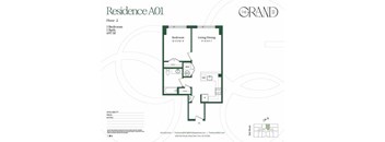 A floor plan for a residence labeled A01 shows a bedroom, living/dining area, and a bathroom.