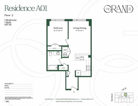 A floor plan for a residence labeled A01 shows a bedroom, living/dining area, and a bathroom.