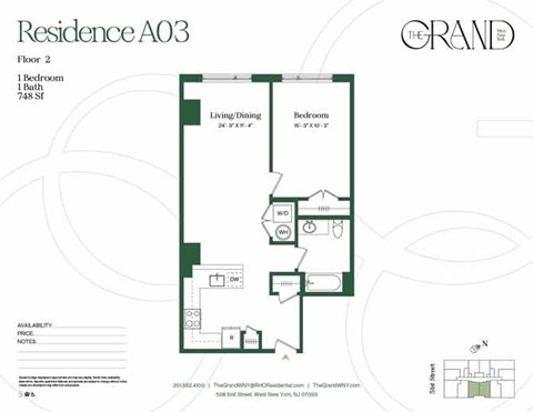 A floor plan for a residence with a living/dining area and two bedrooms.