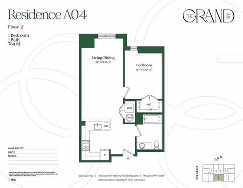 A floor plan for a residence labeled A04 shows a layout for floor 2 with one bedroom, one bath, and living/dining area.