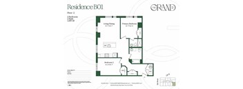 A floor plan for a residence labeled B01 shows the layout of the rooms.