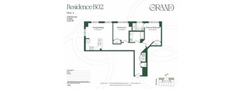 A floor plan for a residence labeled B02 shows a living/dining area, two bedrooms, and a primary bedroom.