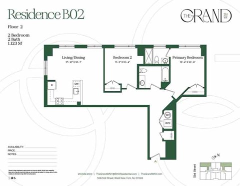 A floor plan for a residence labeled B02 shows a living/dining area, two bedrooms, and a primary bedroom.