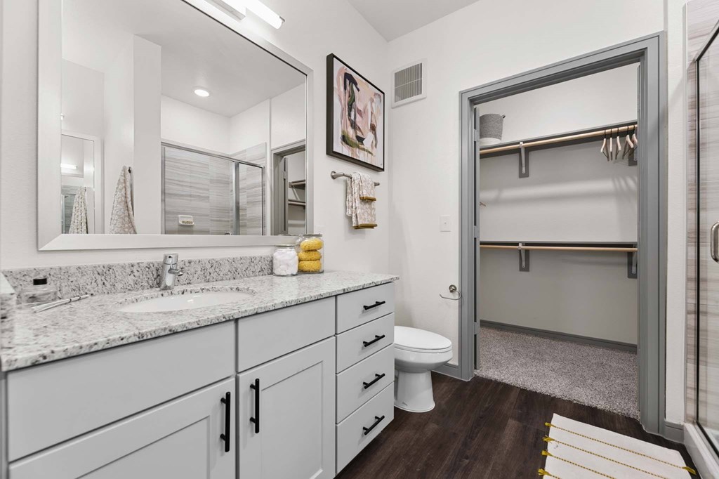 A bathroom with a sink, toilet, and a large mirror.