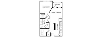 A black and white image of a floor plan for a small apartment.