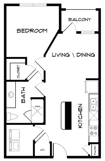 A black and white image of a floor plan for a small apartment.