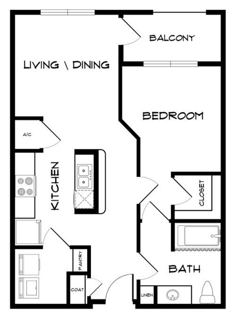 A black and white image of a floor plan for a small apartment.