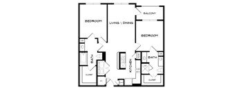 A black and white image of a house floor plan with a balcony, two bedrooms, a living/dining area, a kitchen, two bathrooms, and two closets.
