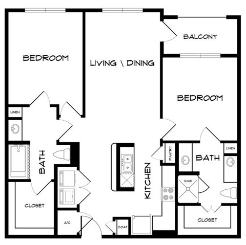 A black and white image of a house floor plan with a balcony, two bedrooms, a living/dining area, a kitchen, two bathrooms, and two closets.