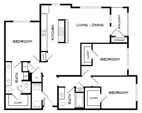 A black and white image of a house floor plan with a living room, dining room, kitchen, and four bedrooms.