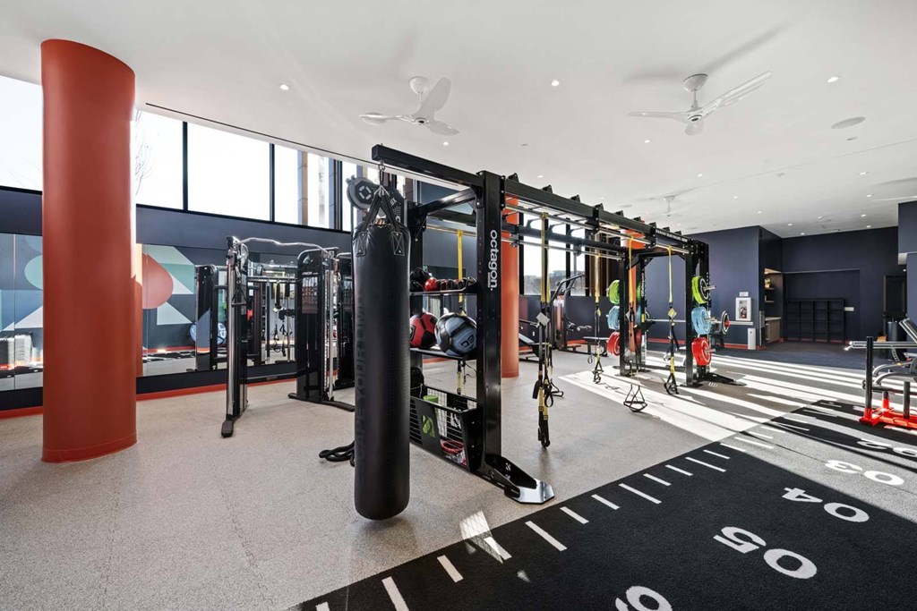 A gym with a variety of equipment including a punching bag and weight machines.