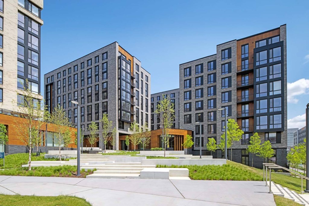 A modern building complex with a central courtyard.