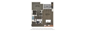 A 3D floor plan of a house with a bedroom, living room, kitchen, bathroom, and patio.