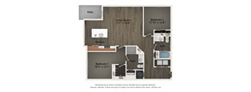 A floor plan of a house with a living room, kitchen, two bedrooms, and a bathroom.