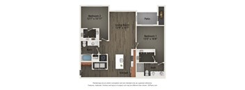 A floor plan of a house with three bedrooms, a patio, a kitchen, and a bathroom.