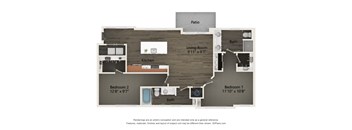 A floor plan of a house with a living room, two bedrooms, a kitchen, a bathroom, and a patio.