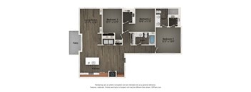 A floor plan of a house with a kitchen, living room, and three bedrooms.