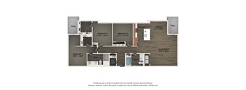 A floor plan of a house with three bedrooms, a living room, a kitchen, a dining room, and two patios.