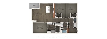 A floor plan of a house with a living room, kitchen, and three bedrooms.