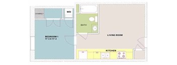 A floor plan of a small apartment with a bedroom, living room, and kitchen.