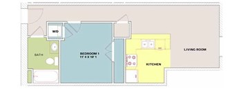 A floor plan of a house with a living room, kitchen, bedroom, and bathroom.