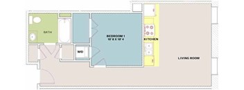 A floor plan of a small apartment with a living room, kitchen, bedroom, and bathroom.