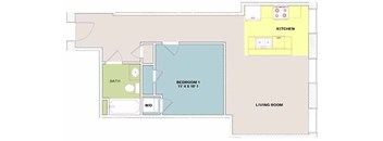 A floor plan of a small apartment with a living room, kitchen, and two bedrooms.