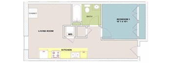 A floor plan of a small apartment with a living room, kitchen, bathroom, and two bedrooms.