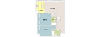 A floor plan of a small apartment with two bedrooms and a living room.