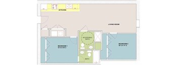A floor plan of a house with two bedrooms, a living room, a kitchen, and a bathroom.