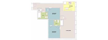 A floor plan of a house with two bedrooms, a living room, a kitchen, a bath, and a WC.
