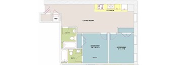 A floor plan of a living space with two bedrooms, a bathroom, and a kitchen.