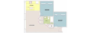 A floor plan of a house with a kitchen, living room, two bedrooms, and a bathroom.