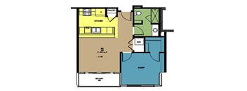 A floor plan of a house with a kitchen, living room, and bedrooms.