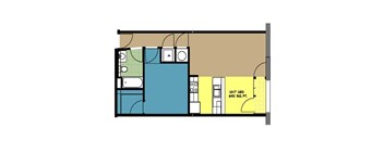 A floor plan of a unit with a kitchen, living room, and bedrooms.