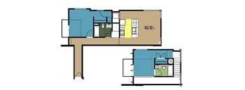 A floor plan of an apartment with two bedrooms and two bathrooms.