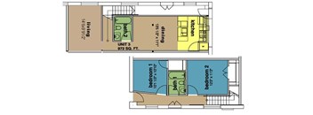 A floor plan of a living space with two bedrooms, a kitchen, and a bathroom.