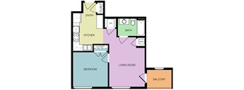 A floor plan of a living space with a kitchen, bathroom, and bedroom.