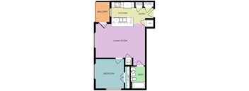 A floor plan of a living space with a bedroom, bathroom, kitchen, and balcony.