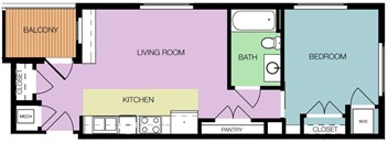 A floor plan of a house with a living room, kitchen, pantry, bedroom and bathroom.