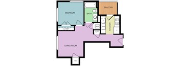 A floor plan of a home with a bedroom, bath, balcony, kitchen, and living room.