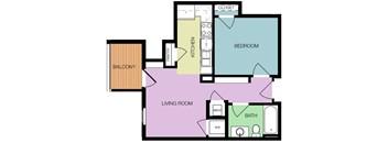 A floor plan of a house with a living room, kitchen, bedroom, bathroom, and balcony.