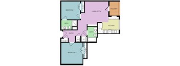 A floor plan of a house with two bedrooms, a living room, a kitchen, a bathroom, an entry, a closet, and a balcony.
