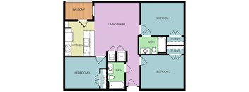 A floor plan of a house with a living room, kitchen, and three bedrooms.