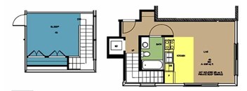 A floor plan of a house with a swimming pool and a separate entrance.