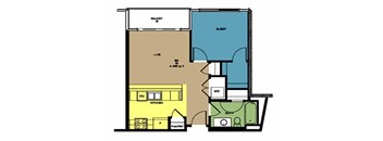 A floor plan of an apartment with a living room, kitchen, pantry, bathroom, and bedroom.